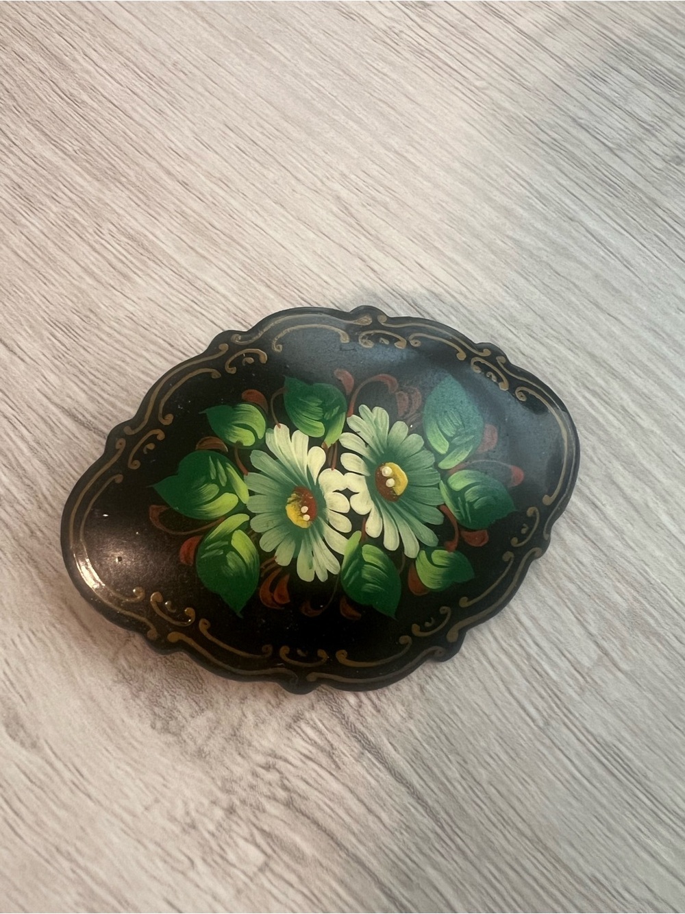 Vintage Hand-Painted Floral Lacquer Brooch - 2002
